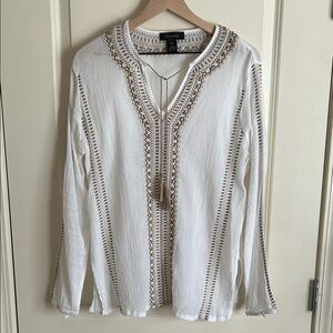 Karen Kane White Embroidered V-Neck Tunic with Tassel